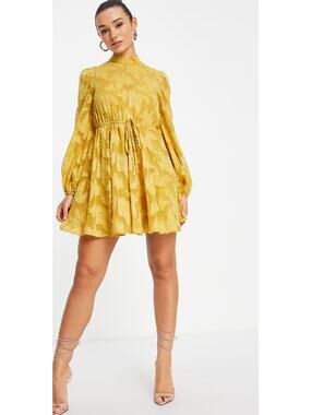 NEW Asos Mustard Yellow High Neck Long Puff Sleeve Fit & Flare Mini Dress Size 6